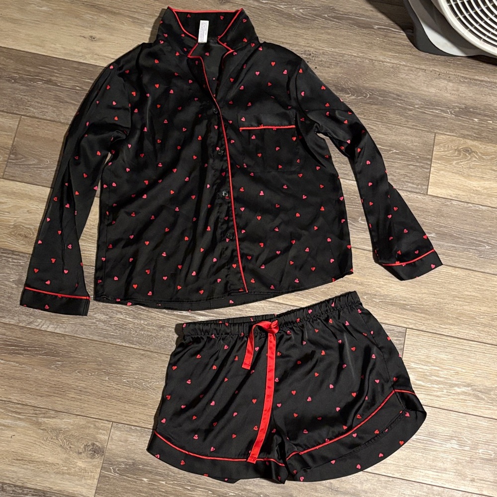 Black Satin Pajama Set with Red Heart Print EUC